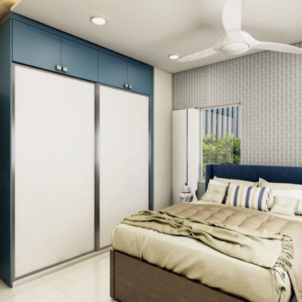 Lemari Pintu Geser Modern dalam Warna Frosty White dan Shore Blue dengan Finishing Suede