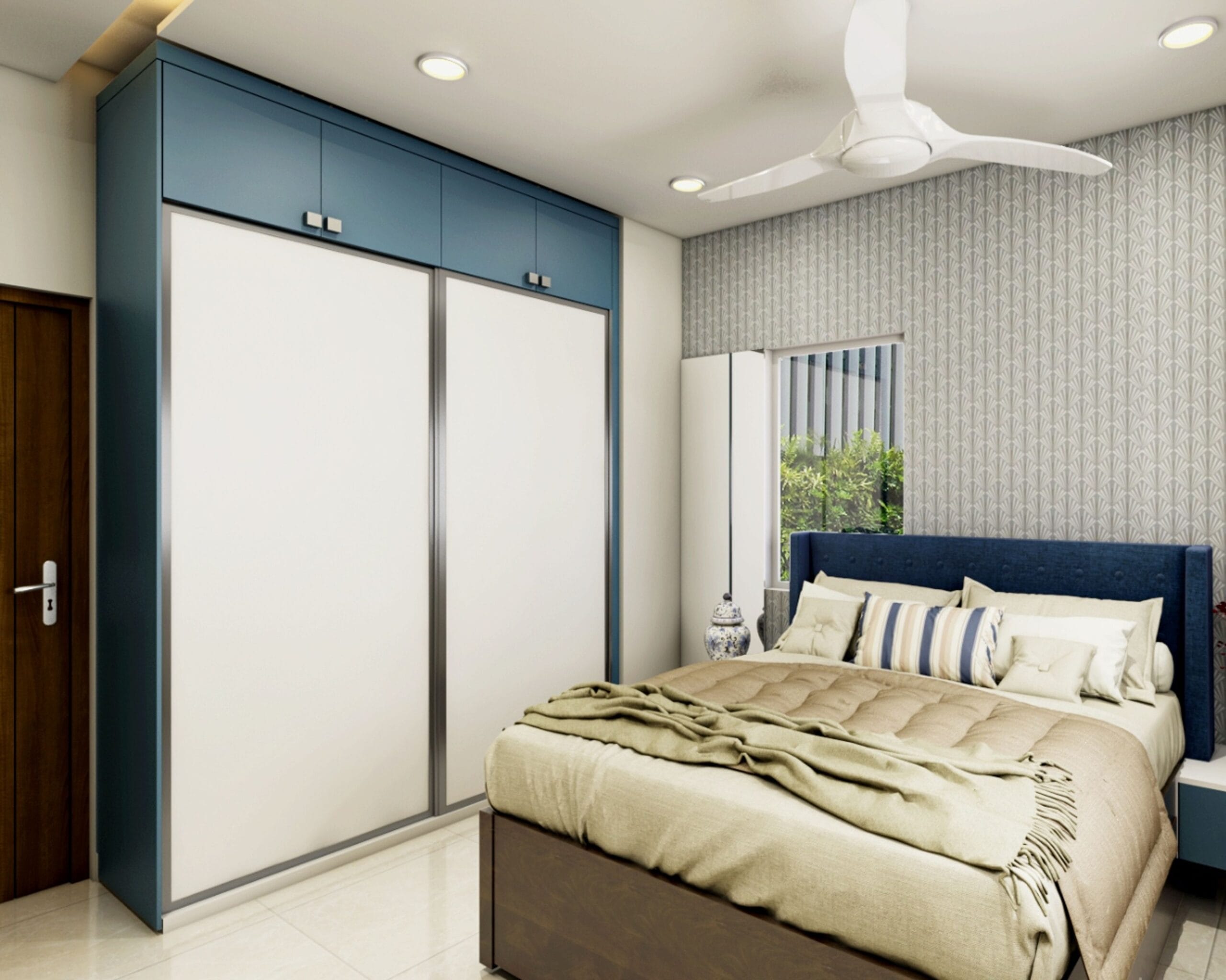 Lemari Pintu Geser Modern dalam Warna Frosty White dan Shore Blue dengan Finishing Suede Lemari Pintu Geser Modern dalam Warna Frosty White dan Shore Blue dengan Finishing Suede