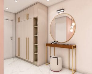 Lemari Pakaian Modern Walk-In dengan Warna Irish Cream dan Finishing Suede