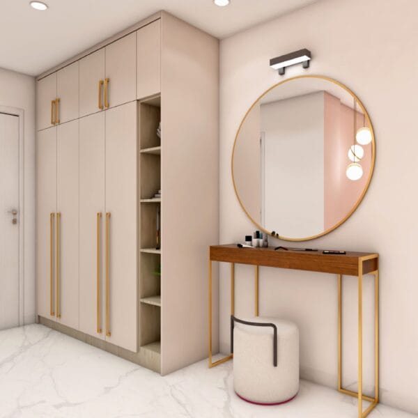 Lemari Pakaian Modern Walk-In dengan Warna Irish Cream dan Finishing Suede