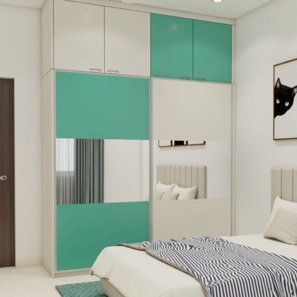 Lemari Pakaian Geser 2 Pintu Modern Putih Frosty & Hijau Aqua
