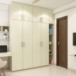 Desain Lemari Ayun 4 Pintu Berwarna Champagne Minimalis Dengan Unit Rak Terbuka Dan Meja Belajar Terintegrasi