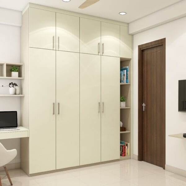 Desain Lemari Ayun 4 Pintu Berwarna Champagne Minimalis Dengan Unit Rak Terbuka Dan Meja Belajar Terintegrasi