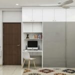 Lemari Pintu Geser Modern dalam Warna Dove Grey dan Frosty White dengan Finishing Mengkilap