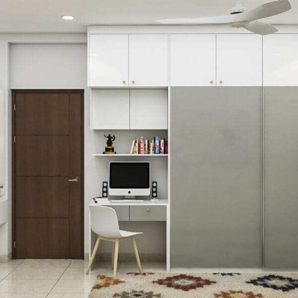 Lemari Pintu Geser Modern dalam Warna Dove Grey dan Frosty White dengan Finishing Mengkilap