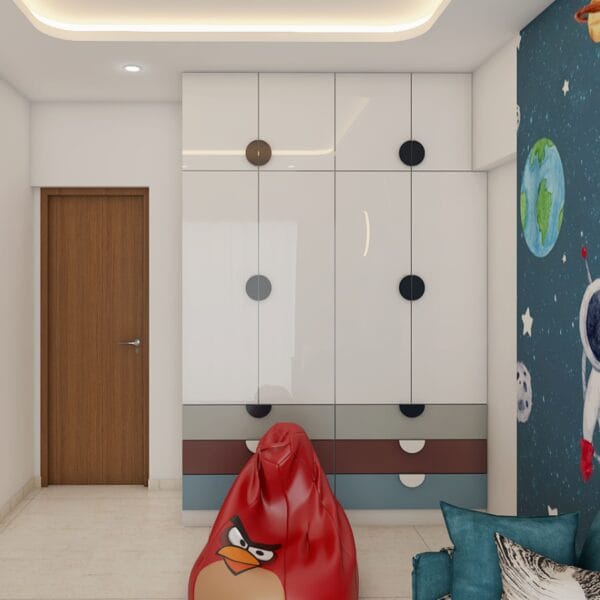 Desain Lemari 4 Pintu Putih Dengan Laci Warna-warni