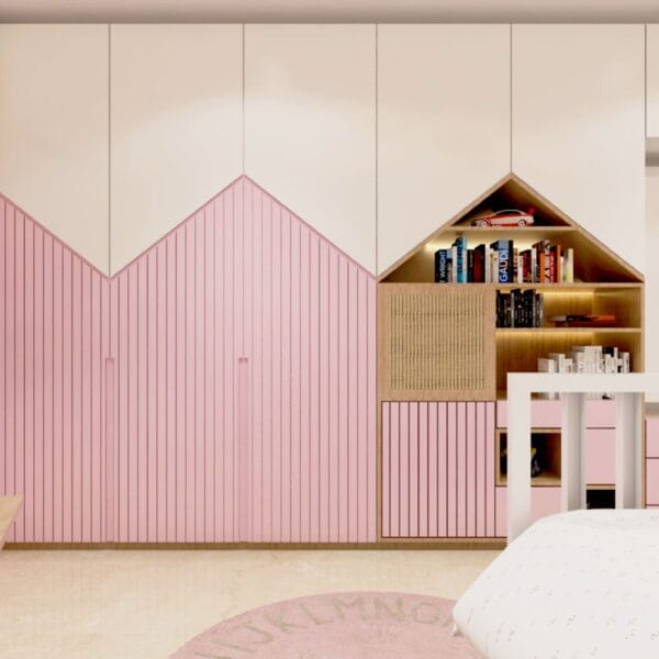 Desain Lemari Ayun 5 Pintu Putih Pink Laminasi Beralur