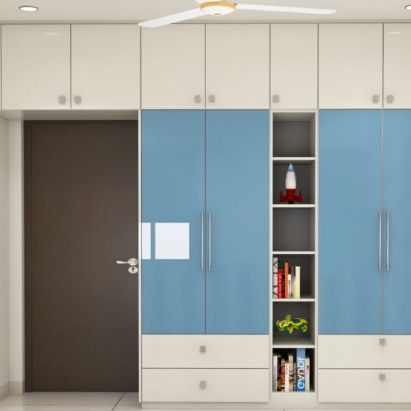 Desain Lemari Ayun 4 Pintu Biru & Putih Modern