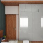 Desain Lemari Geser 2 Pintu Warna Abu-abu Dove Kontemporer dengan Ruang Penyimpanan Loteng