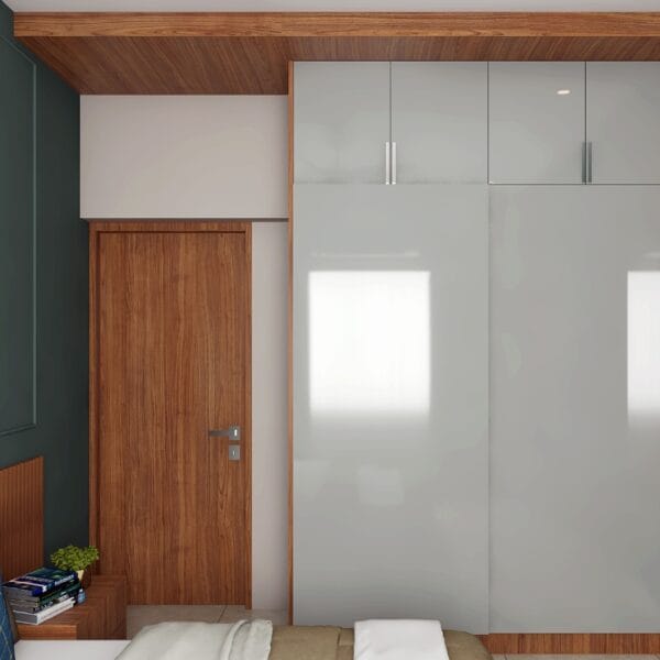 Desain Lemari Geser 2 Pintu Warna Abu-abu Dove Kontemporer dengan Ruang Penyimpanan Loteng