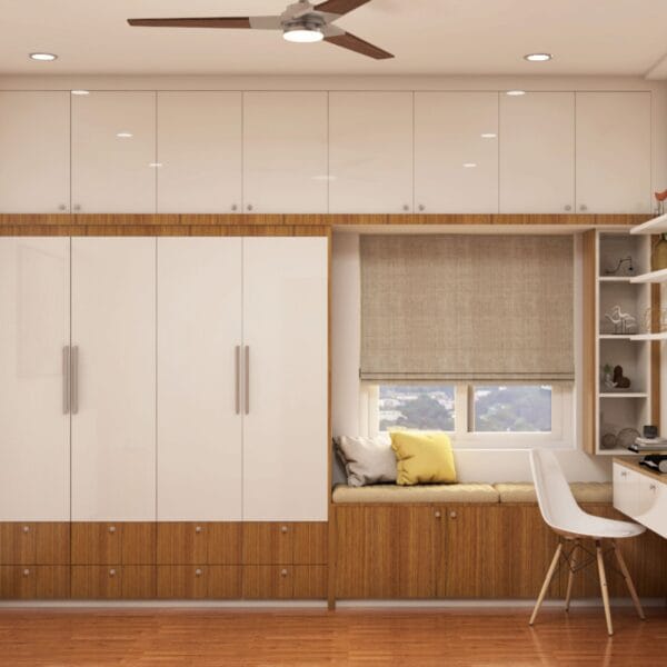 Lemari Ayun Modern 4 Pintu: Kenari Persia & Putih Beku