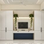 Desain Lemari Ayun Putih 4 Pintu Skandinavia Dengan Unit TV Terintegrasi yang Terpasang di Dinding