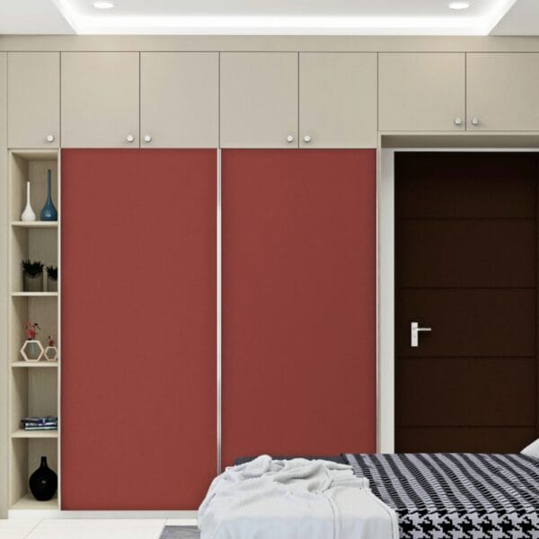 Lemari Geser 2 Pintu Modern Merah Abu Rak Terbuka