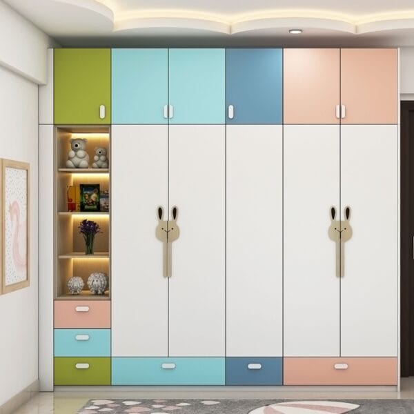 Desain Lemari Ayun Putih 5 Pintu Modern Dengan Unit Laci dan Penyimpanan Loteng Berwarna-warni
