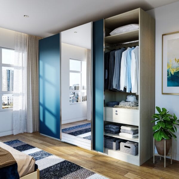 Lemari Pintu Geser Modern Shore Blue Cermin - Ruang Elegan