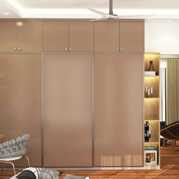 Lemari Geser 3 Pintu Warna Tan Semi-Glossy Kontemporer