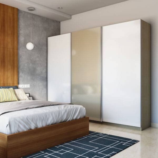 Lemari Geser 3 Pintu Modern Glossy White Beige Custom