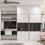 Desain Lemari Pintu Geser Modern Putih Abu-abu dengan Unit TV
