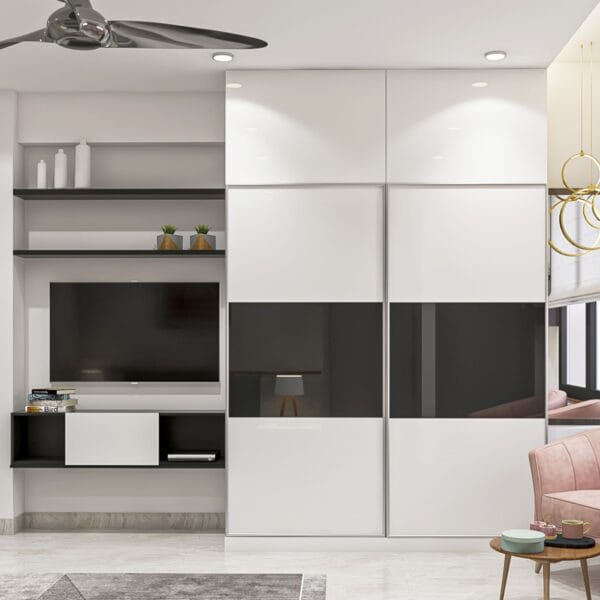 Desain Lemari Pintu Geser Modern Putih Abu-abu dengan Unit TV